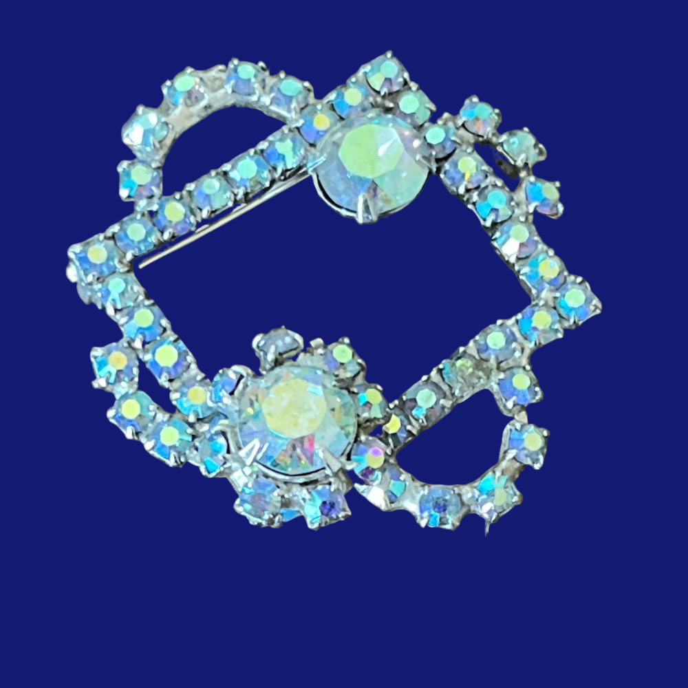 Vintage Mid Century Silver Tone Aurora Borealis Blue Rhinestone Brooch Pin